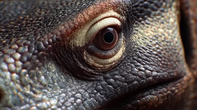 Komodo dragon displays a piercing gaze surrounded by complex, dark, and rugged skin patterns.