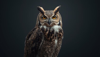 Zoo bird exhibit with a Great Horn eagle owl resting on a dark backdrop, designed for educational signage