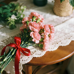 A bouquet of pink carnations perfect for Mother's Day. Gratitude. Surprise. Gift. Present.