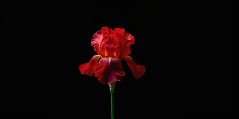 Obraz premium Single red iris flower on black background, used as elegant floral backdrop for layouts