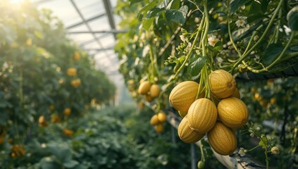 Cantaloupe melons cultivated in greenhouse environments, focused on controlled growth