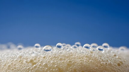 A close up of refreshing beverage foam with clear bubbles against a vibrant blue sky