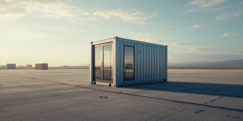 3D visualization of a portable office unit focusing on functional layout and accessibility, ideal for temporary work environments