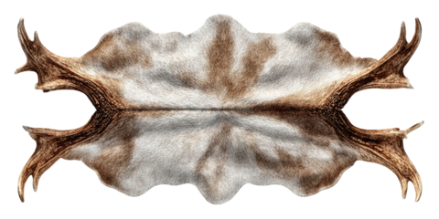 A digitally rendered, symmetrical image of a light-colored animal skin with dark antlers