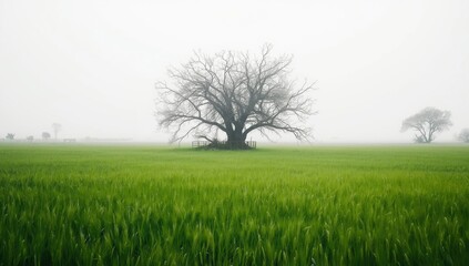 Obraz premium Winter landscape showing leafless trees in a lush wheat field in India, highlighting seasonal transition and rural scenery