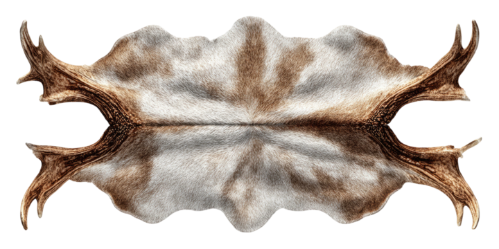 A digitally rendered, symmetrical image of a light-colored animal skin with dark antlers - Powered by Adobe