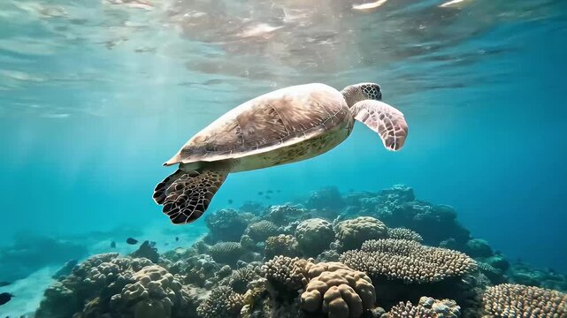 A majestic sea turtle gracefully glides through pristine, clear blue ocean waters above a vibrant coral reef, with sunrays beautifully penetrating the surface. The captivating marine wildlife scene sh