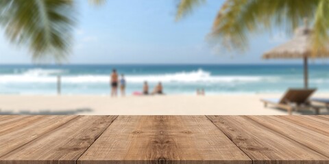 Fototapeta premium Wood table surface with blurred figures, suitable for product display or montage, background use