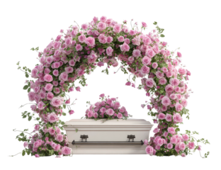 A white casket adorned with roses under a floral arch, offering a tender and respectful ambiance