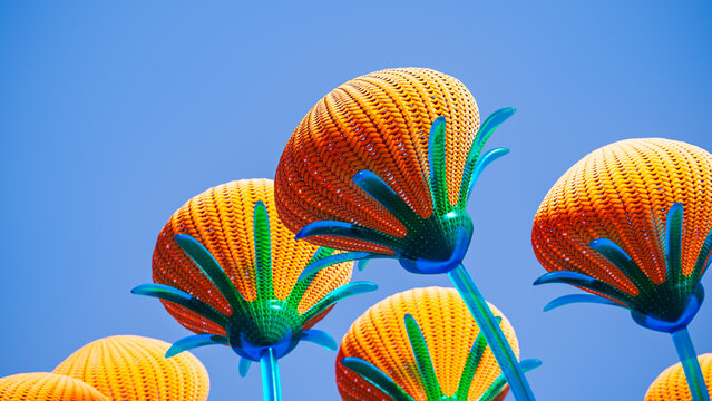 Bright 3D flowers rise against a clear blue sky in springtime