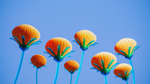 Bright 3D flowers rise against a clear blue sky in springtime