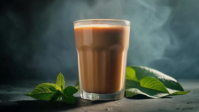 Strong tapri-style kadak chai in a glass with a smoky background and dramatic backlight, cinematic 4K.