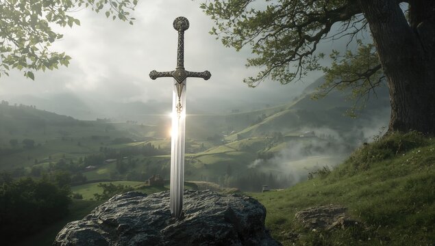 A sword lodged in stone, illustrating strength and resilience in historical or archaeological settings