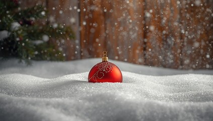 Christmas ornament in vibrant red color on snow, holiday decoration for winter celebrations