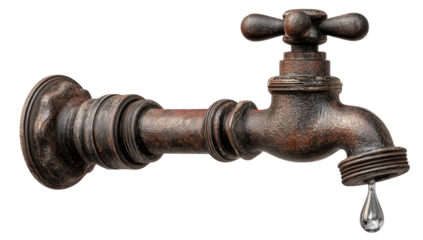 Close-up of an aged, rusty faucet with a single water droplet falling. Black background