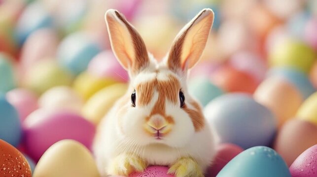 A cute bunny surrounded by colorful Easter eggs. A charming and delightful springtime scene, perfect for holiday greetings