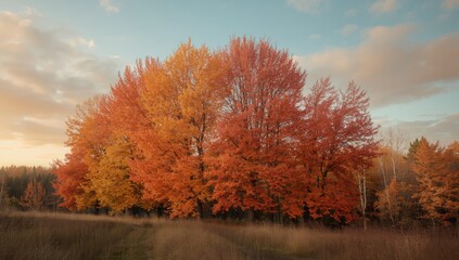 Fototapeta premium Colorful autumn trees with vibrant leaves, used as a backdrop for editorial design, seasonal change