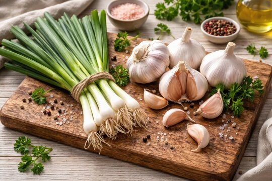 Wooden board displaying fresh garlic and spring onions for healthy vegan food preparation