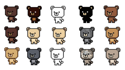 Cute Pixel Art Bears in Retro 8-Bit Game Style
