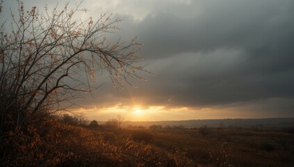 Naklejka premium Branches with golden blossoms under a cloudy sky, illustrating autumns transition, seasonal change