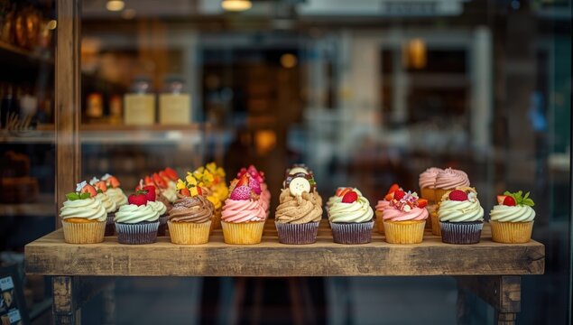 Variety of cupcakes in a bakery window, serving as an appealing display for customers