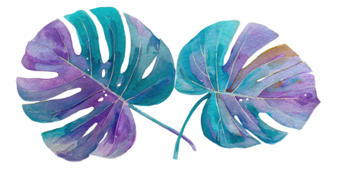 A vibrant watercolor painting featuring two split-leaf philodendron leaves with purple and teal hues