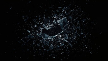 Shattered glass pieces on dark backdrop, illustrating potential injury risks and disposal methods
