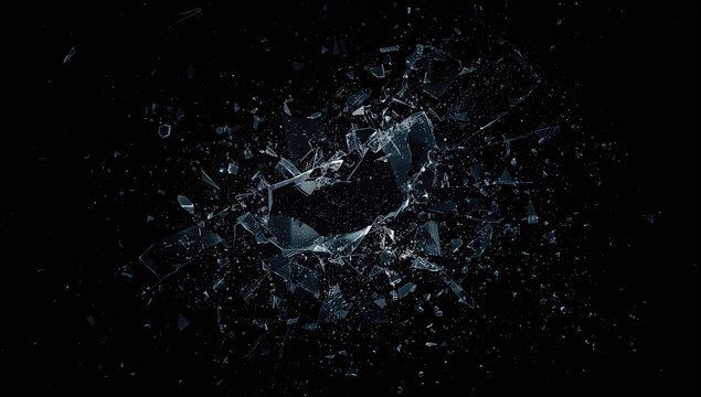 Shattered glass pieces on dark backdrop, illustrating potential injury risks and disposal methods