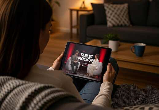 Smart layered tablet mockup of woman relaxing on couch.