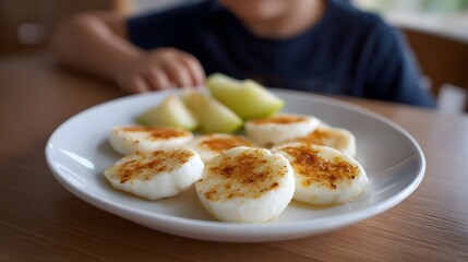 Healthy breakfast plate with seasoned sliced egg whites and fresh slices child s hand in background