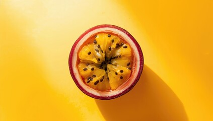 Whole and sliced passion fruit on a yellow background emphasizing fresh, tropical ingredients for recipe prep
