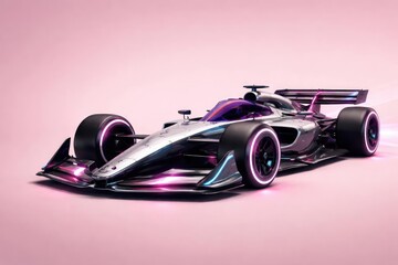 Fototapeta premium Futuristic Formula One racing vehicle on a muted pink background with copy space