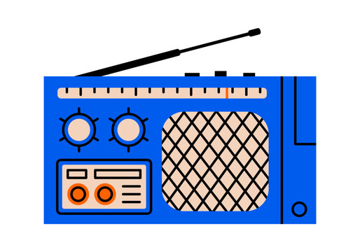 Hand drawn cute illustration of retro radio speaker. Flat vector old audio communication receiver sticker doodle. Analog entertainment. Vintage broadcasting device for news with antenna icon. Isolated
