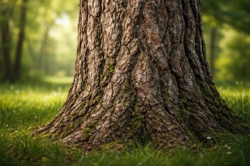 Obraz premium Detailed tree bark texture revealing complex natural patterns in a calm outdoor scene with lush green grass and soft focus background
