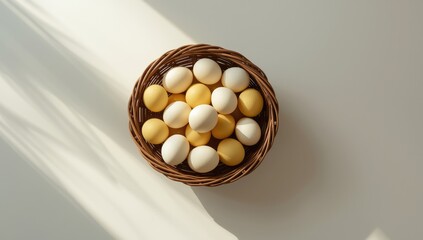 Yellow and white eggs in a wicker basket viewed from above, used for food presentation or storage, World Egg Day