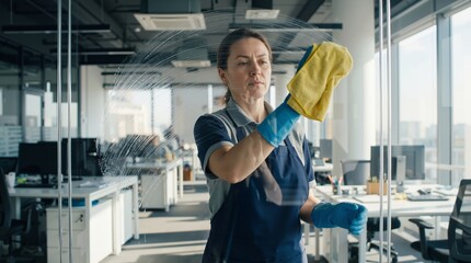 Caucasian woman cleaner wearing blue apron and rubber gloves wiping glass wall with yellow cloth in modern office. Professional cleaning service and hygiene maintenance