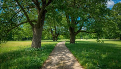 Obraz premium Path through a lush park with trees and grass for relaxation, urban outdoor setting, Earth Day