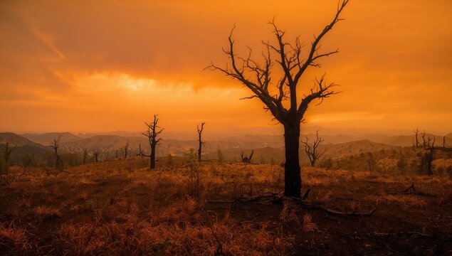 Burnt trees on a hilltop after wildfire, highlighting forest destruction and recovery challenges