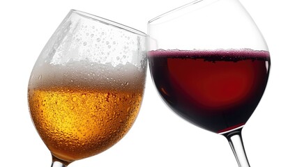 Close-up of lager beer and red wine glasses in a toast, emphasizing moderation in alcohol consumption, World Alcohol Awareness Day