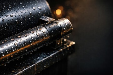 Macro shot of fresh rain droplets on a barbecue grill handle with text area