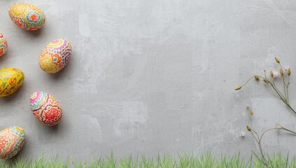 Easter eggs with vibrant colors on a neutral grey backdrop, designed for festive banner use