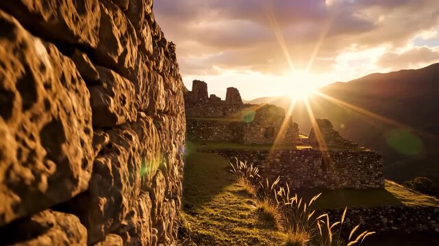 As the sun rises over ancient ruins, the sunlight highlights the stone walls and grassy paths. These ruins and the sunlight create a captivating historical scene at dawn.