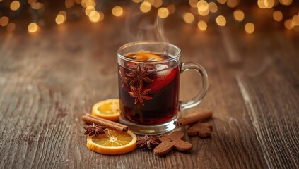 Warm spiced wine infused with cinnamon and star anise, seasonal beverage for Christmas