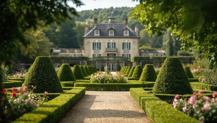 Naklejka premium Pruned boxwood shrubs in a traditional French garden setting used as a layout backdrop