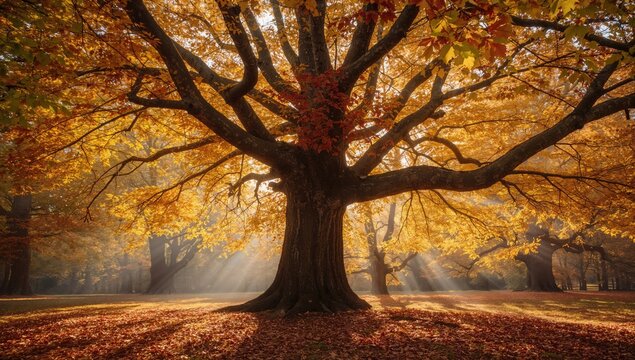Fageda Jorda beech trees in Olot Girona Catalunya Spain, autumn foliage and forest landscape