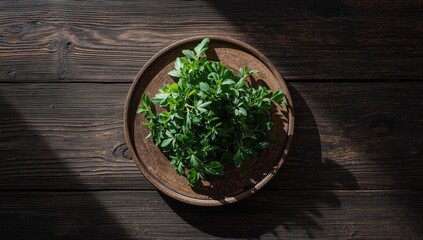 Dried Provencal herbs displayed on a wooden serving plate, ideal for culinary flavoring