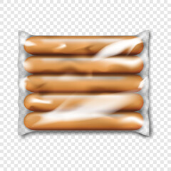 Sausage pack on transparent background. Realistic vector mockup. Clear glossy plastic pouch filled with thin long hot dog sausages. Mock-up. Meat snack package. Template for design
