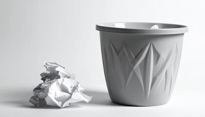 A crumpled piece of paper next to a waste bin.