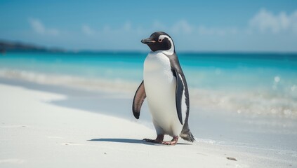 Fototapeta premium Gentoo penguin on a sandy beach in Falkland Islands, wildlife habitat conservation