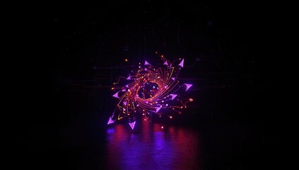 Digital 3D visualization of luminous tech elements and arrows on a dark background, highlighting advances in modern technology